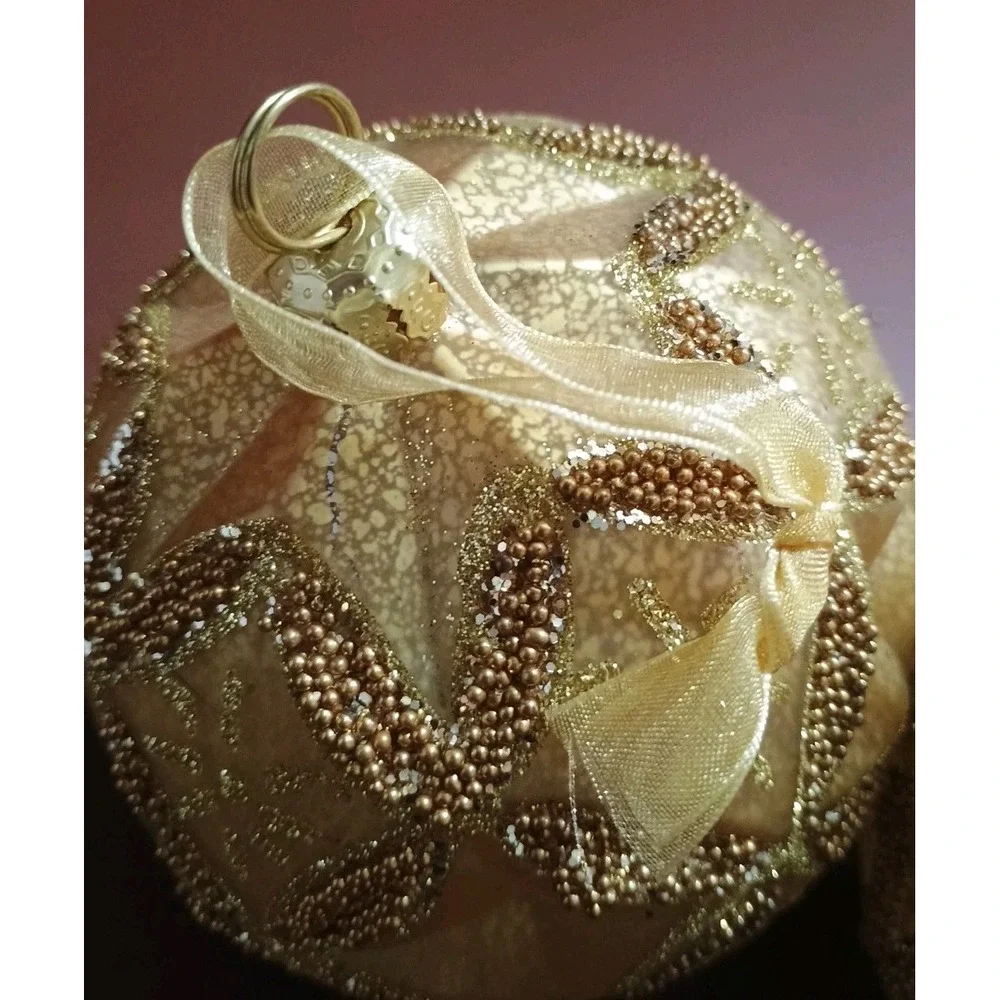 Pair Of Frontgate Large Christmas Gold Glitter‎ Beaded Round Ornaments 4.5